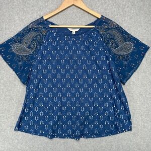 Lucky Brand Womens Blue Paisley Floral Print Raglan Sleeve Top XL NWT